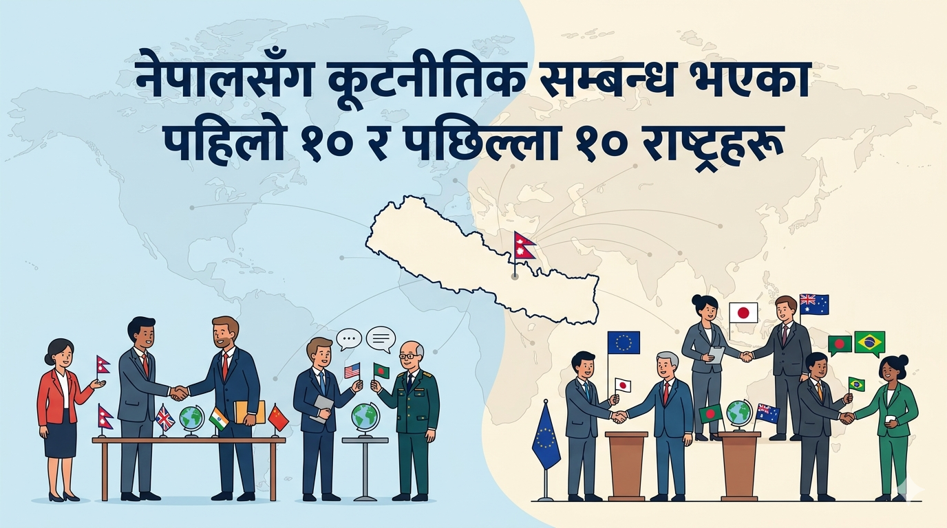The first 10 and last 10 countries with diplomatic relations with Nepal