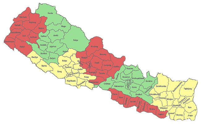 Details of the districts of Himalayas, Hills, Inner Madhesh, Terai and Kathmandu Valley
