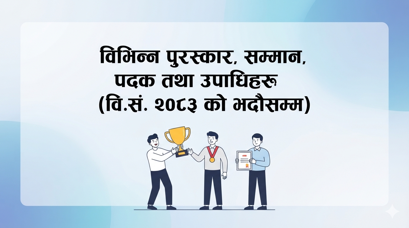 Various awards, honors, medals and titles (up to Bhadra, 2083 BS)