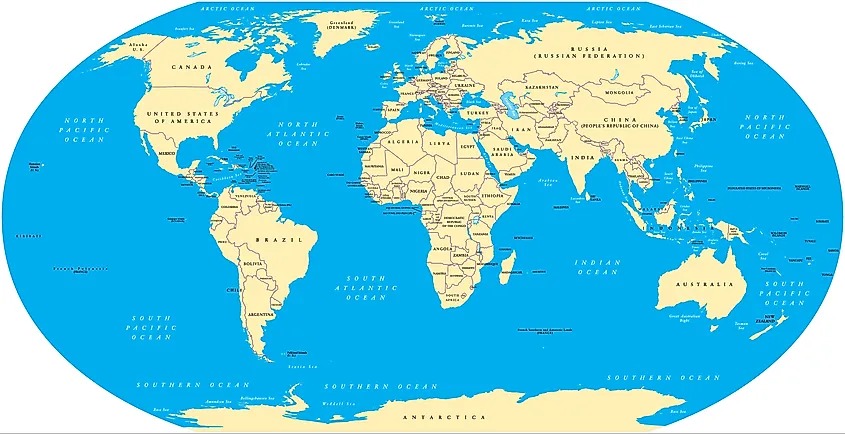 The five major oceans of the world and the major countries they touch (with coastal areas)
